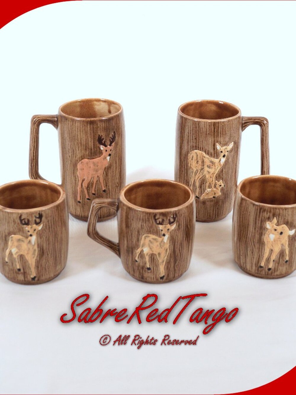Vintage 1979 Ceramic Cabin Core Faux Bois Studio Pottery Mug Set Deer Family